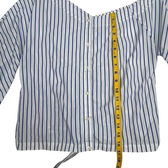 Frame Womens Striped Asymmetrical Off-Shoulder Cut-out Blouse Blue White Small - Picture 14 of 14